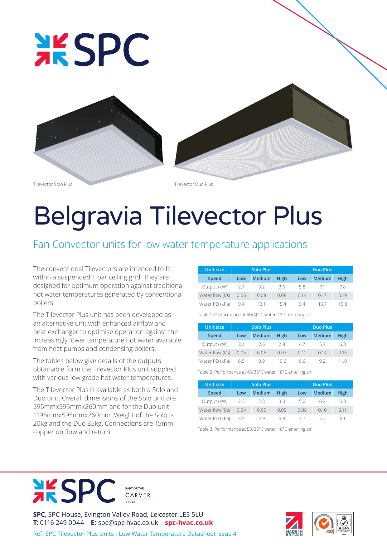 Cover of the SPC Tilevector Plus Units - Low Water Temperature Datasheet Issue 4